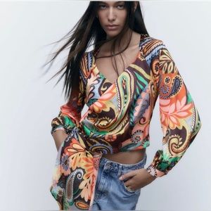 NWT Zara Multicolor Printed Wrap long sleeve Blouse with tie Sz XS